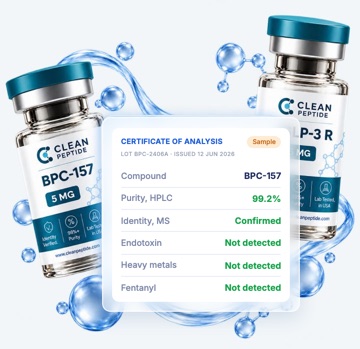BPC-157 and GLP-3 Reta vials beside a sample certificate of analysis: purity 99.2%, identity confirmed, endotoxin, heavy metals and fentanyl not detected