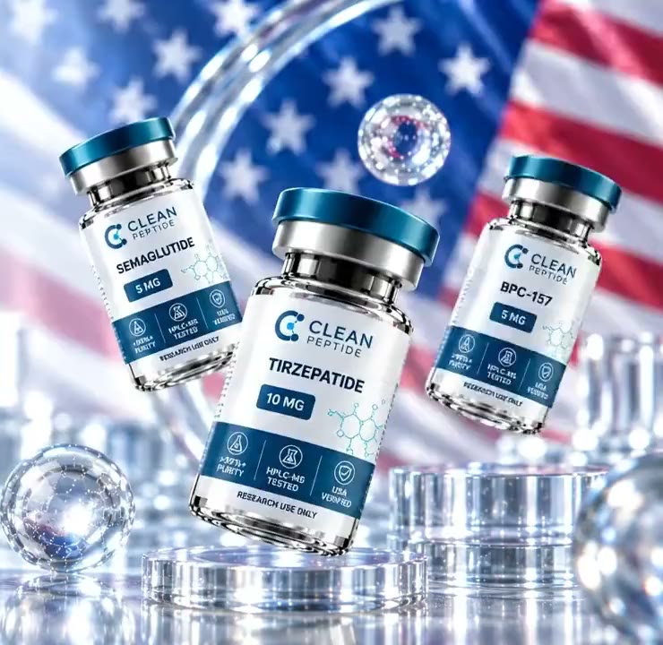 Semaglutide, Tirzepatide and BPC-157 vials in front of a U.S. flag