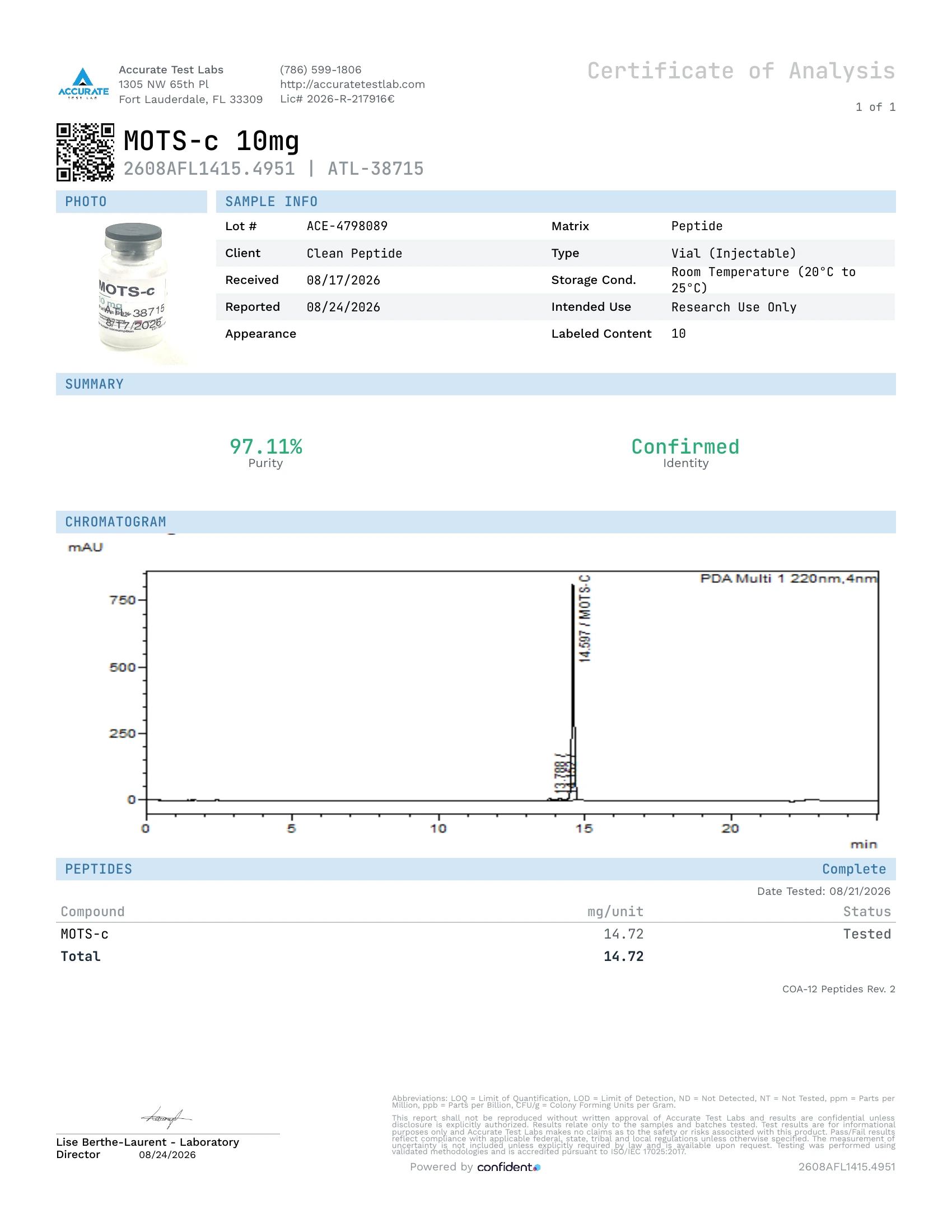 Certificate of analysis for MOTS-C 10mg, issued by Accurate Test Labs