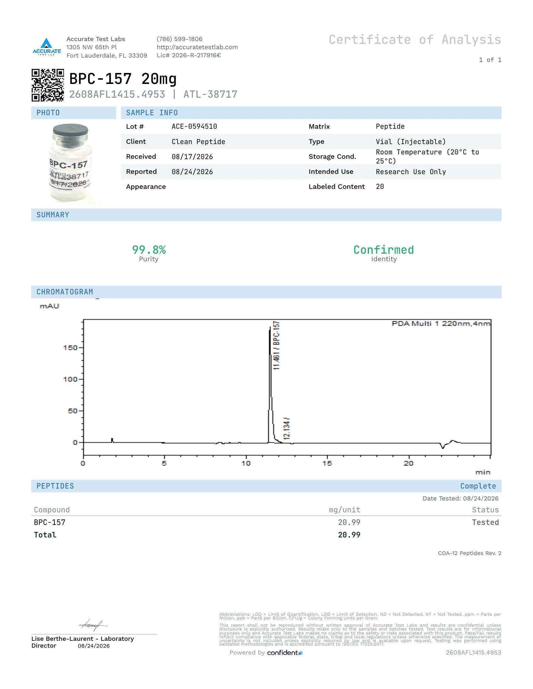 Certificate of analysis for BPC-157 20mg, showing the laboratory letterhead, sample details, purity summary and signature